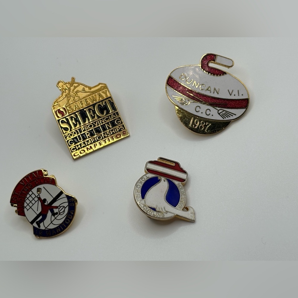 Vintage Curling Pin Lot – Canadian Curling Club & Championship Pins (4)